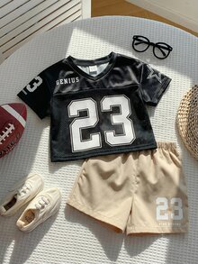 SHEIN 2件裝男嬰時尚可愛運動風球衣短袖T恤套裝，適合春夏季 - 彩色 - 查看 8