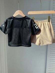 SHEIN 2件裝男嬰時尚可愛運動風球衣短袖T恤套裝，適合春夏季 - 彩色 - 查看 2