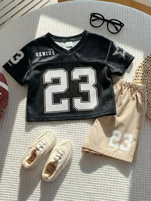 SHEIN 2件裝男嬰時尚可愛運動風球衣短袖T恤套裝，適合春夏季 - 彩色 - 查看 4