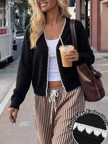 SHEIN LUNE Old Money Style Shell Trim Women's Knit Sweater, Versatile All-Match For Autumn/Winter - Multicolor - View 5