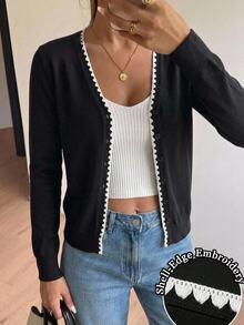 SHEIN LUNE Old Money Style Shell Trim Women's Knit Sweater, Versatile All-Match For Autumn/Winter - Multicolor - View 1