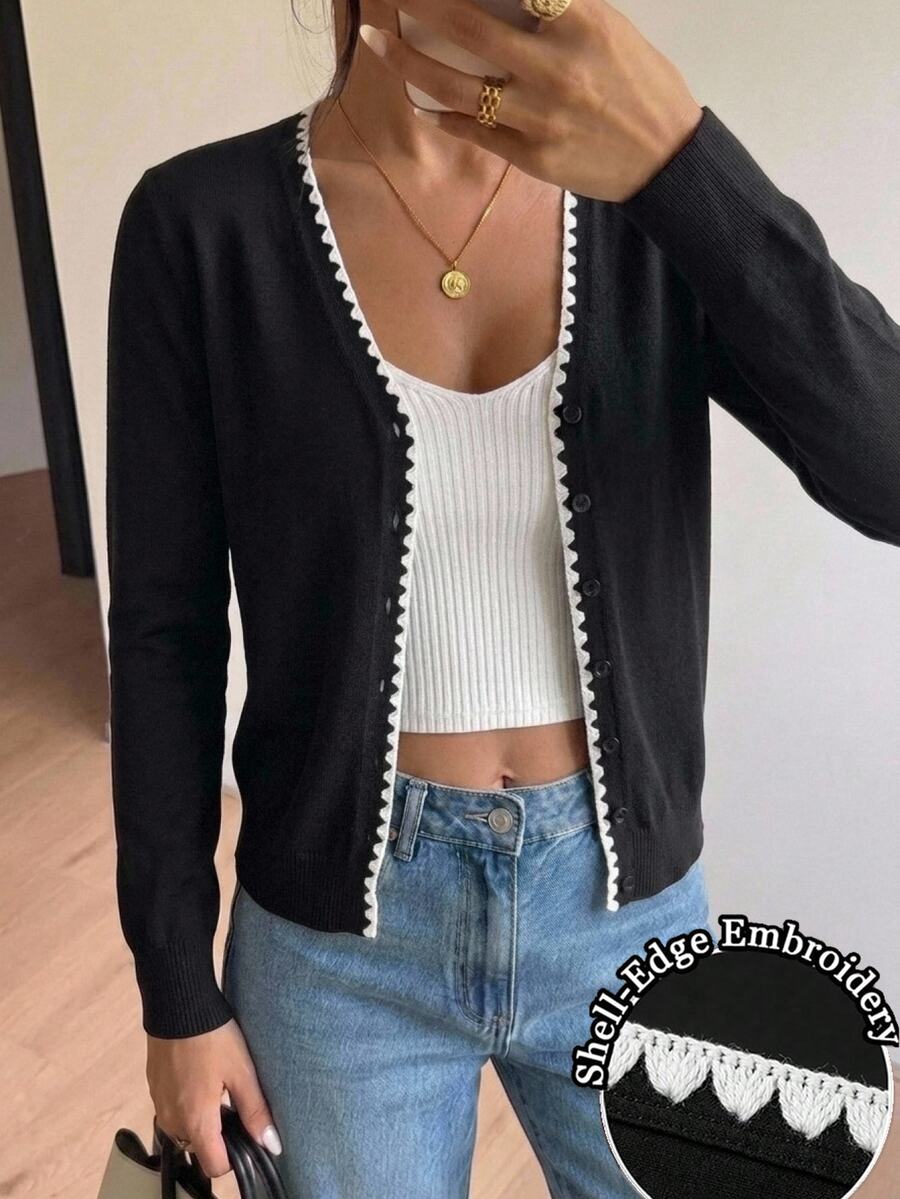 SHEIN LUNE Old Money Style Shell Trim Women's Knit Sweater, Versatile All-Match For Autumn/Winter - Multicolor - View 1