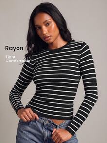 YARNWELL Atasan Rajut Slim Fit Bergaris Wanita Bahan Viscose Lembut, Pakaian Penting Sehari-hari untuk Aktivitas, Kerja & Perjalanan - Hitam dan Putih - View 1