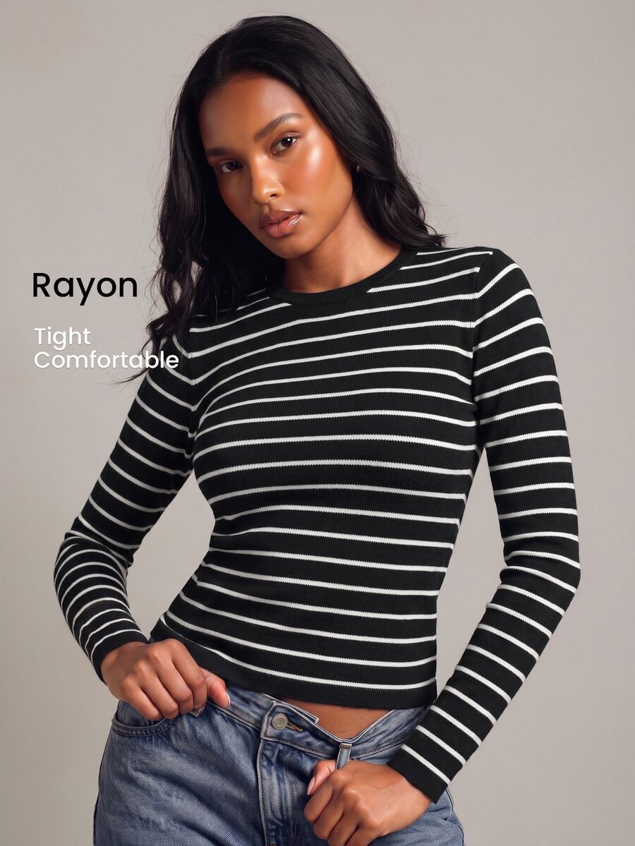 YARNWELL Atasan Rajut Slim Fit Bergaris Wanita Bahan Viscose Lembut, Pakaian Penting Sehari-hari untuk Aktivitas, Kerja & Perjalanan - Hitam dan Putih - View 1