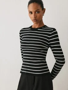 YARNWELL Atasan Rajut Slim Fit Bergaris Wanita Bahan Viscose Lembut, Pakaian Penting Sehari-hari untuk Aktivitas, Kerja & Perjalanan - Hitam dan Putih - View 4