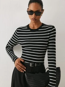 YARNWELL Atasan Rajut Slim Fit Bergaris Wanita Bahan Viscose Lembut, Pakaian Penting Sehari-hari untuk Aktivitas, Kerja & Perjalanan - Hitam dan Putih - View 8