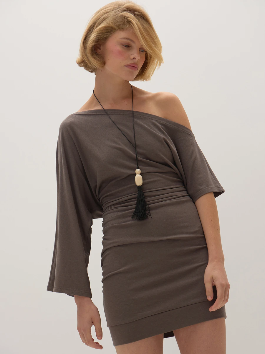 MUSEYN Grey Jersey One Shoulder Loose Fit Drape Mini Dress Classic Refined Date Night Party Fall - Dark Grey - View 1