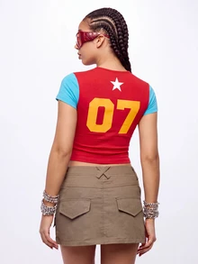 SUMWON Plus Size Colorblock Crop Top With Island Miami Graphic Print Short Sleeves Contrast Detail Casual Tee - Burgundy - View 2