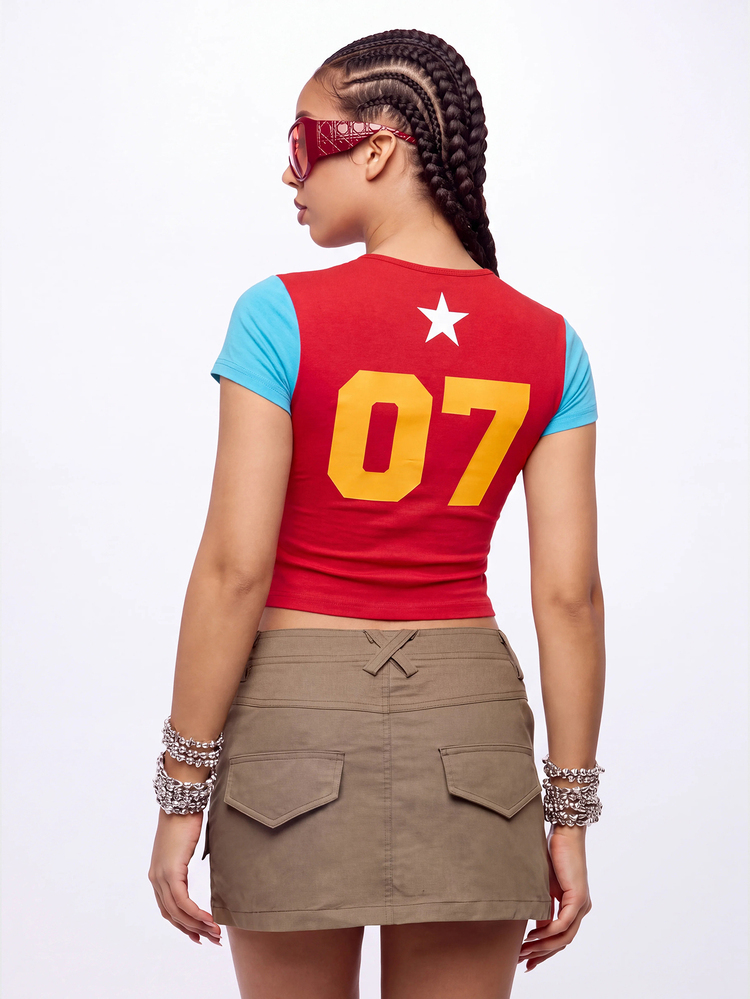 SUMWON Plus Size Colorblock Crop Top With Island Miami Graphic Print Short Sleeves Contrast Detail Summer Casual Tee - Burgundy - View 2
