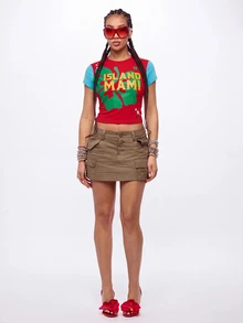 SUMWON Plus Size Colorblock Crop Top With Island Miami Graphic Print Short Sleeves Contrast Detail Casual Tee - Burgundy - View 1