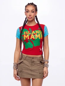 SUMWON Plus Size Colorblock Crop Top With Island Miami Graphic Print Short Sleeves Contrast Detail Casual Tee - Burgundy - View 7
