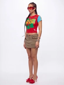 SUMWON Plus Size Colorblock Crop Top With Island Miami Graphic Print Short Sleeves Contrast Detail Casual Tee - Burgundy - View 3