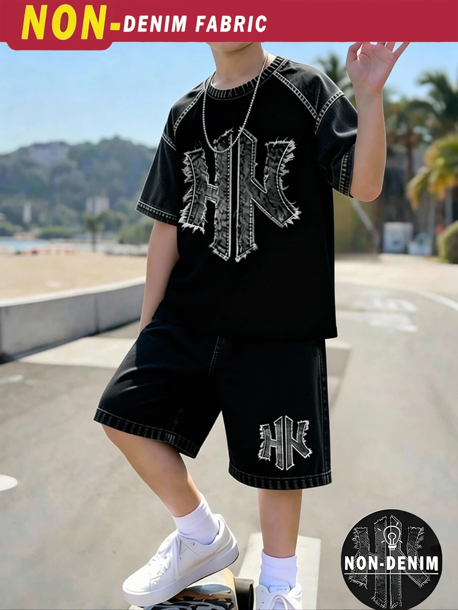 青少年男孩數位字母圖案短袖T恤與短褲套裝,春夏休閒戶外運動穿搭,適合野餐、街頭攝影、度假風、日常穿著夏季服飾 - 彩色 - 查看 1