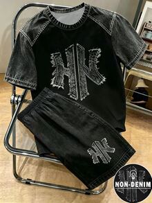 青少年男孩數位字母圖案短袖T恤與短褲套裝，春夏休閒戶外運動穿搭，適合野餐、街頭攝影、度假風、日常穿著夏季服飾 - 彩色 - 查看 3