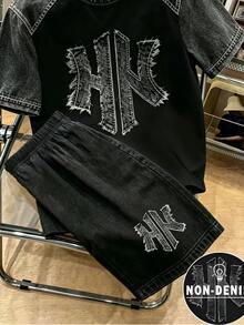 青少年男孩數位字母圖案短袖T恤與短褲套裝，春夏休閒戶外運動穿搭，適合野餐、街頭攝影、度假風、日常穿著夏季服飾 - 彩色 - 查看 7