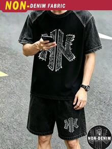 青少年男孩數位字母圖案短袖T恤與短褲套裝，春夏休閒戶外運動穿搭，適合野餐、街頭攝影、度假風、日常穿著夏季服飾 - 彩色 - 查看 4