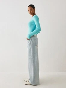 YARNWELL 女款素色修身百搭日常休閒長袖針織衫 - 藍色 - 查看 9