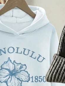 薄荷藍 Tween 女孩休閒復古字母刺繡海灘風海洋波希米亞刺繡圖案厚實柔軟連帽衛衣，適合秋冬日常穿著，Chill Chill - 彩色 - 查看 6