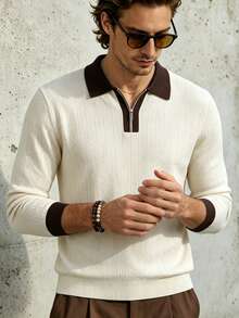 TONEVAULT Men's Colorblock Lapel Zipper Design Long Sleeve Casual Sweater - White - View 6