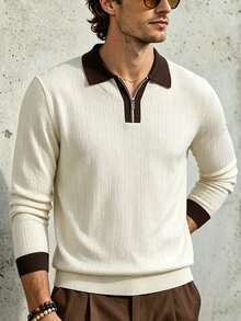 TONEVAULT Men's Colorblock Lapel Zipper Design Long Sleeve Casual Sweater - White - View 5