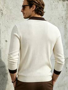 TONEVAULT Men's Colorblock Lapel Zipper Design Long Sleeve Casual Sweater - White - View 3