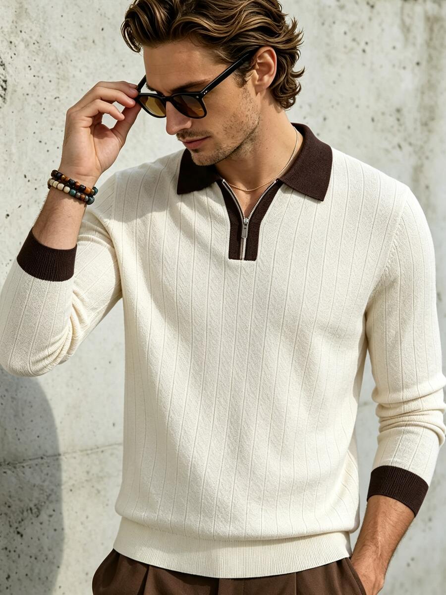 TONEVAULT Men's Colorblock Lapel Zipper Design Long Sleeve Casual Sweater - White - View 1