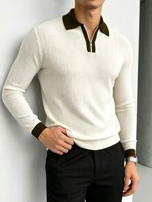 TONEVAULT Men's Colorblock Lapel Zipper Design Long Sleeve Casual Sweater - White - View 4