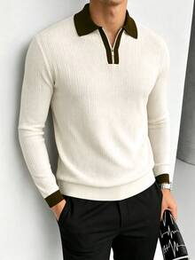 TONEVAULT Men's Colorblock Lapel Zipper Design Long Sleeve Casual Sweater - White - View 2
