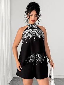 SHEIN LUNE CURVE Plus Size Simple Elegant Floral Print Halter Top And Casual Shorts Set - Black - View 5