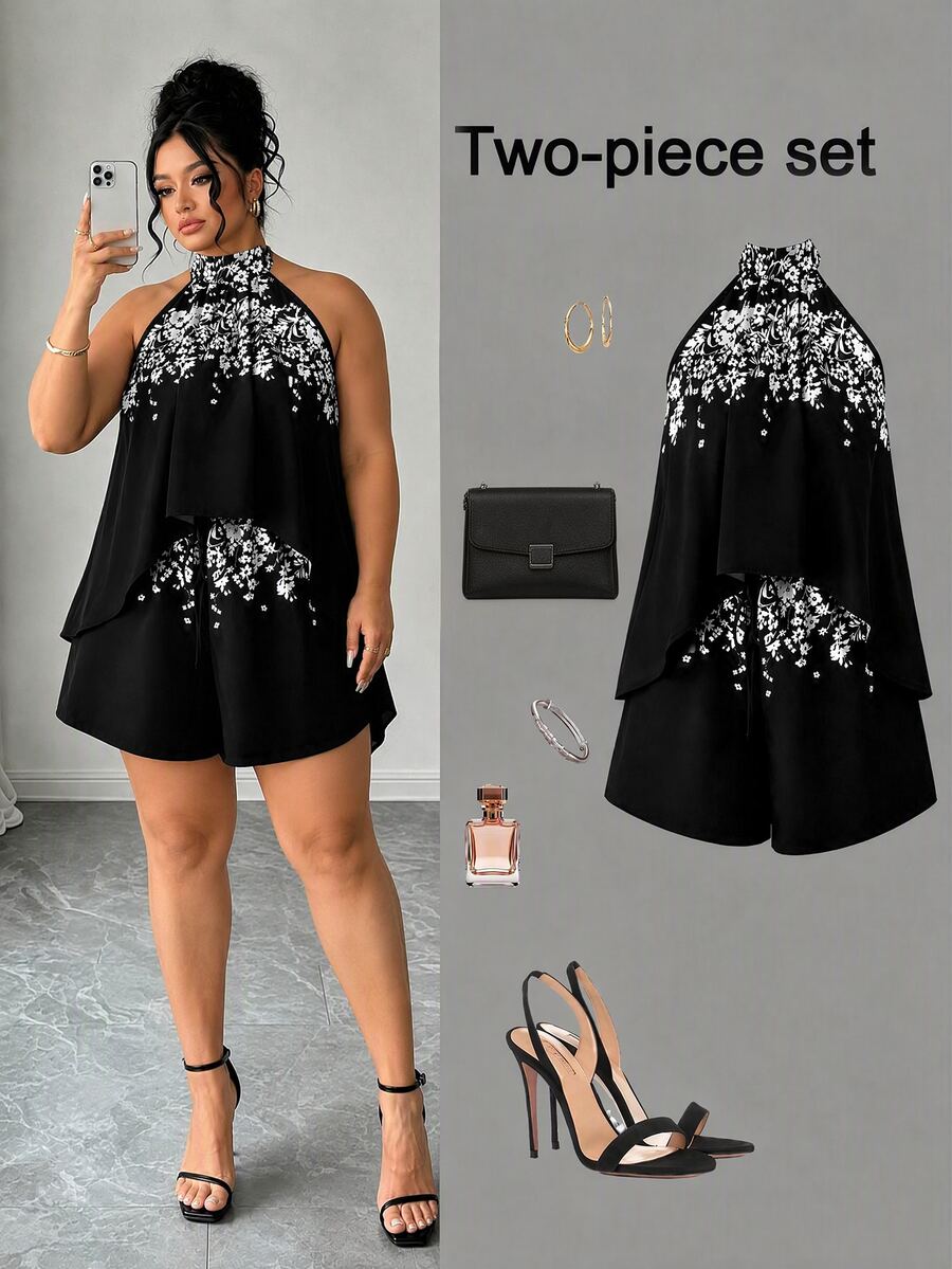SHEIN LUNE CURVE Plus Size Simple Elegant Floral Print Halter Top And Casual Shorts Set - Black - View 1