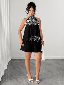 SHEIN LUNE CURVE Plus Size Simple Elegant Floral Print Halter Top And Casual Shorts Set - Black - View 7