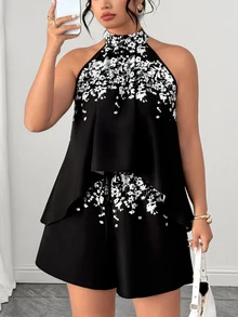 SHEIN LUNE CURVE Plus Size Simple Elegant Floral Print Halter Top And Casual Shorts Set - Black - View 4