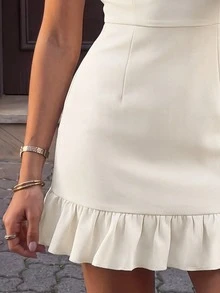 SHEIN Women's Elegant Square Neck Sleeveless White Ruched Ruffle Hem Fashion Dress - Apricot - View 4