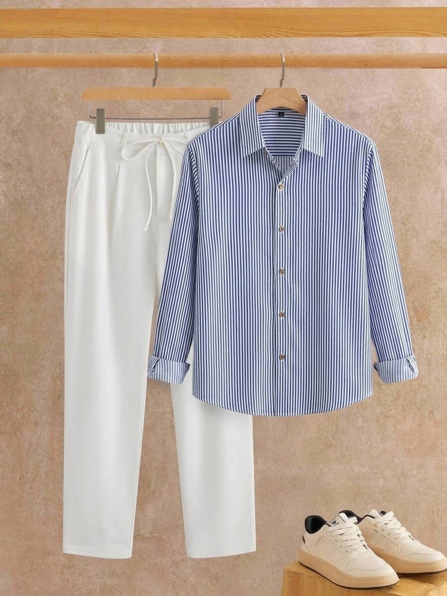HIMLAND 2pcs/Set Men's Casual Vertical Striped Regular Shoulder Curved Hem Shirt Set - Multicolor - View 1