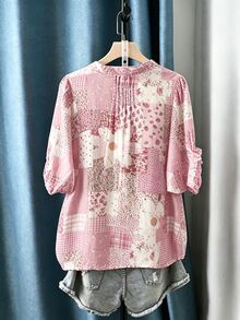 Franclia 女款V領滿版印花休閒復古南方風百搭日常穿著上衣，白色花卉夏季早午餐野餐風 - 彩色 - 查看 2