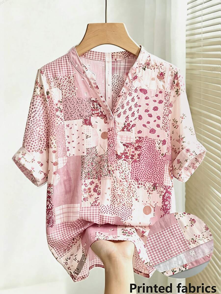 Franclia 女款V領滿版印花休閒復古南方風百搭日常穿著上衣,白色花卉夏季早午餐野餐風 - 彩色 - 查看 1
