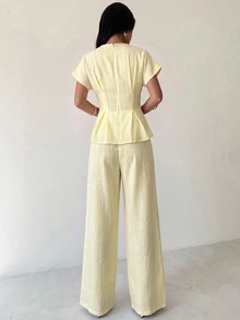 Firerie 女款甜美百褶淡黃色睡衣與休閒熱帶牙買加風歐式優雅長褲兩件套，適合早午餐、度假、夏季假期 - 淡黃色 - 查看 2