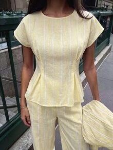 Firerie 女款甜美百褶淡黃色睡衣與休閒熱帶牙買加風歐式優雅長褲兩件套，適合早午餐、度假、夏季假期 - 淡黃色 - 查看 5