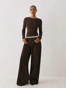 YARNWELL Women's Solid Color Versatile Round Neck Long Sleeve Sweater For Daily Wear - Brown - View 2