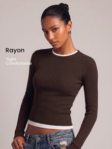 YARNWELL Women's Solid Color Versatile Round Neck Long Sleeve Sweater For Daily Wear - Brown - View 1