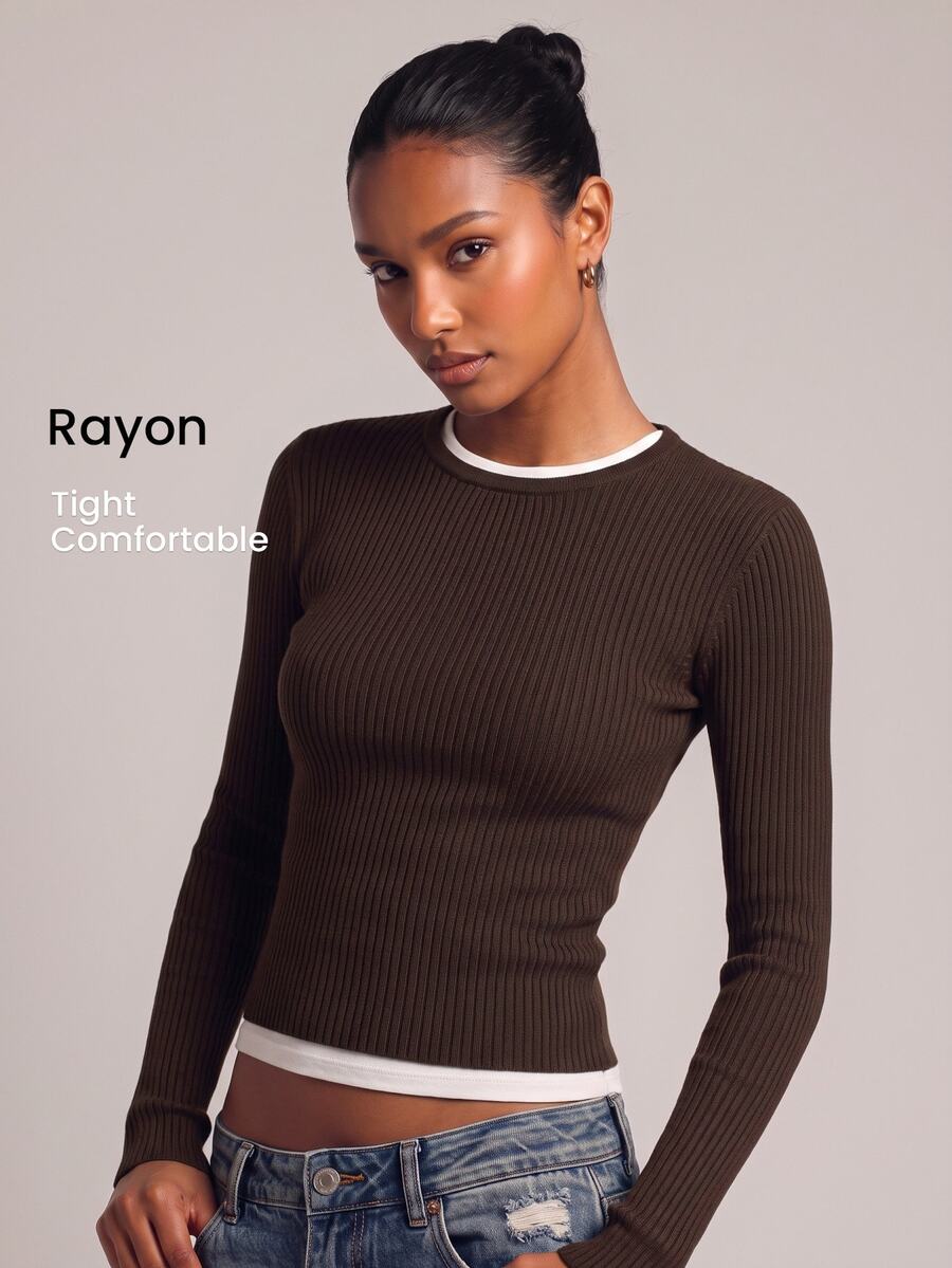 YARNWELL Women's Solid Color Versatile Round Neck Long Sleeve Sweater For Daily Wear - Brown - View 1