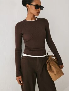 YARNWELL Women's Solid Color Versatile Round Neck Long Sleeve Sweater For Daily Wear - Brown - View 10