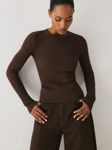 YARNWELL Women's Solid Color Versatile Round Neck Long Sleeve Sweater For Daily Wear - Brown - View 4