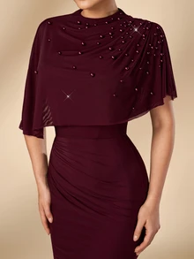 Aureia 2026 Elegant Formal Angola Burgundy Romantic Mesh Jacket Luxury Beaded Diamond Ruched Slim Fit Long Dress For Wedding Evening Events Bride Spring - Burgundy - View 4