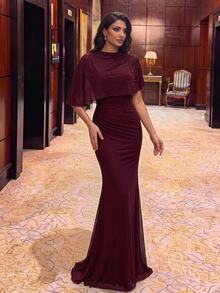 Aureia 2026 Elegant Formal Angola Burgundy Romantic Mesh Jacket Luxury Beaded Diamond Ruched Slim Fit Long Dress For Wedding Evening Events Bride Spring - Burgundy - View 2