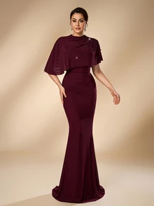 Aureia 2026 Elegant Formal Angola Burgundy Romantic Mesh Jacket Luxury Beaded Diamond Ruched Slim Fit Long Dress For Wedding Evening Events Bride Spring - Burgundy - View 6