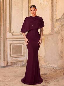 Aureia 2026 Elegant Formal Angola Burgundy Romantic Mesh Jacket Luxury Beaded Diamond Ruched Slim Fit Long Dress For Wedding Evening Events Bride Spring - Burgundy - View 5