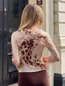 Wiktoria Wolska Women's Front Tie Long Sleeve Printed Casual Blouse, Vacation Fall - Apricot - View 2
