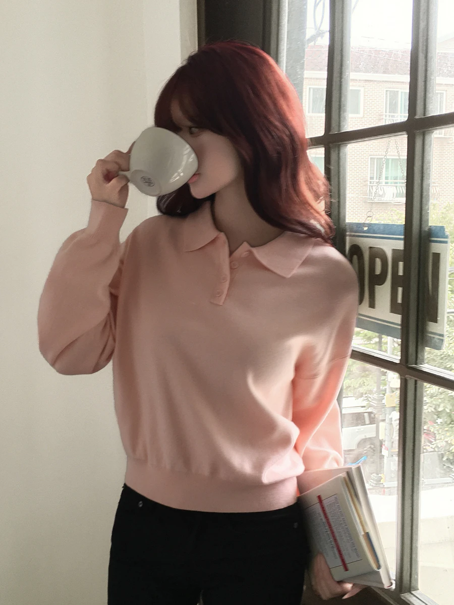 DAZY 女款純色修身 Polo 長袖休閒度假韓風秋冬套頭針織毛衣 - 粉色 - 查看 1