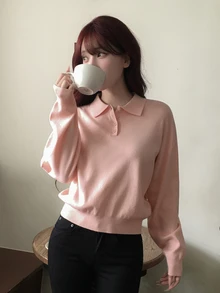 DAZY 女款純色修身 Polo 長袖休閒度假韓風秋冬套頭針織毛衣 - 粉色 - 查看 5